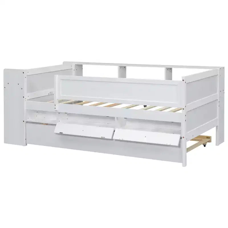 Letto a giorno in metallo singolo con testiera libreria, letto a giorno con letto estraibile e porte USB, letto a giorno Captain's con ripiani portaoggetti