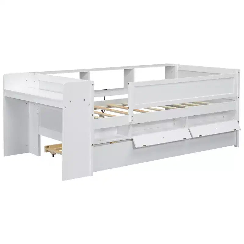Letto a giorno in metallo singolo con testiera libreria, letto a giorno con letto estraibile e porte USB, letto a giorno Captain's con ripiani portaoggetti
