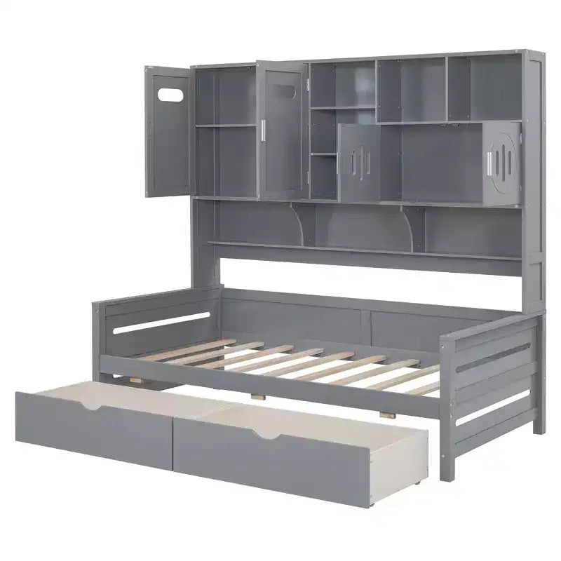 Divano Letto Singolo/Matrimoniale con Libreria e Contenitore, Divano Letto in Legno con 2 Cassetti, Divano Letto in Legno con Mobiletti e Ripiani Contenitori