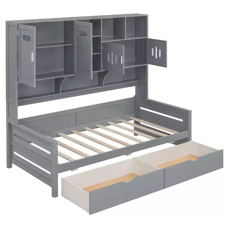 Divano Letto Singolo/Matrimoniale con Libreria e Contenitore, Divano Letto in Legno con 2 Cassetti, Divano Letto in Legno con Mobiletti e Ripiani Contenitori