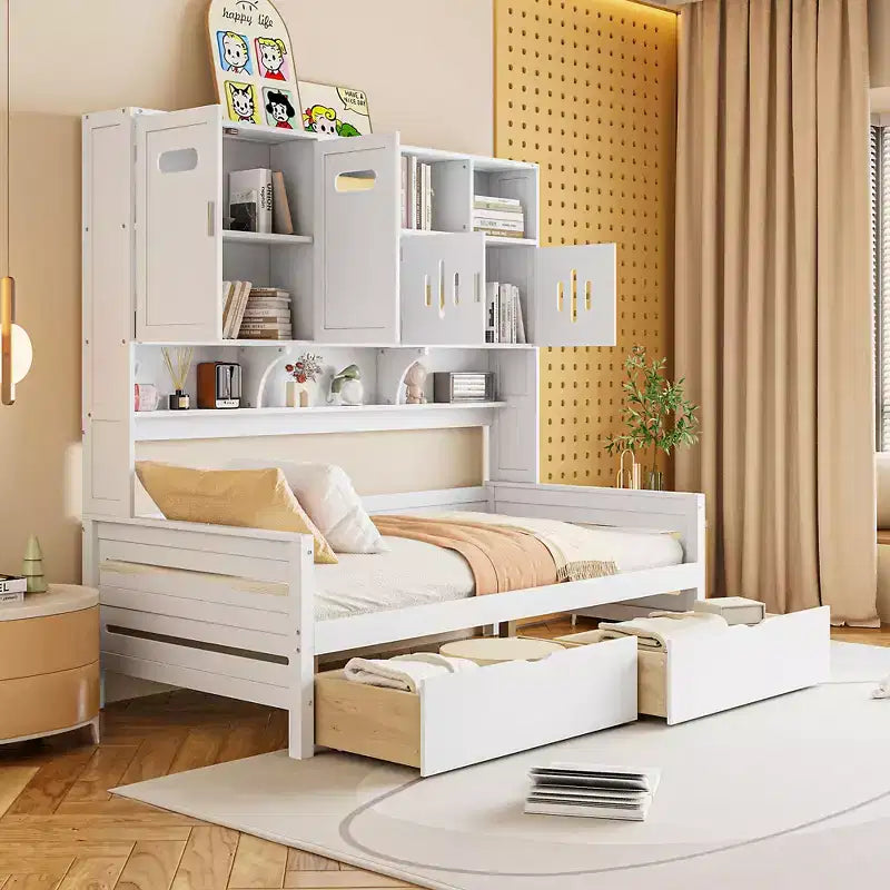 Divano Letto Singolo/Matrimoniale con Libreria e Contenitore, Divano Letto in Legno con 2 Cassetti, Divano Letto in Legno con Mobiletti e Ripiani Contenitori