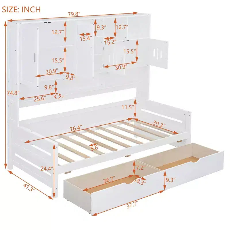 Divano Letto Singolo/Matrimoniale con Libreria e Contenitore, Divano Letto in Legno con 2 Cassetti, Divano Letto in Legno con Mobiletti e Ripiani Contenitori