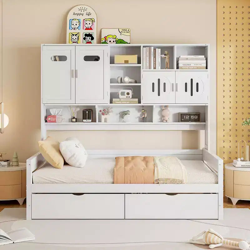 Divano Letto Singolo/Matrimoniale con Libreria e Contenitore, Divano Letto in Legno con 2 Cassetti, Divano Letto in Legno con Mobiletti e Ripiani Contenitori