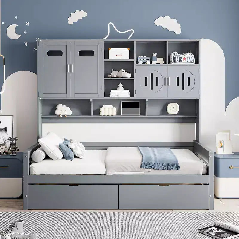 Divano Letto Singolo/Matrimoniale con Libreria e Contenitore, Divano Letto in Legno con 2 Cassetti, Divano Letto in Legno con Mobiletti e Ripiani Contenitori