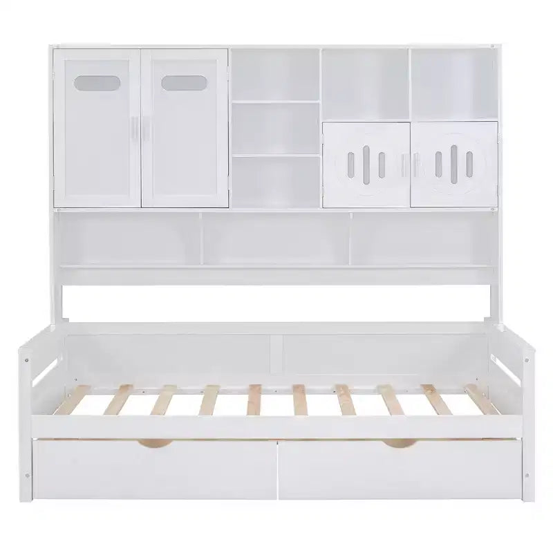 Divano Letto Singolo/Matrimoniale con Libreria e Contenitore, Divano Letto in Legno con 2 Cassetti, Divano Letto in Legno con Mobiletti e Ripiani Contenitori