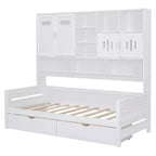 Divano Letto Singolo/Matrimoniale con Libreria e Contenitore, Divano Letto in Legno con 2 Cassetti, Divano Letto in Legno con Mobiletti e Ripiani Contenitori