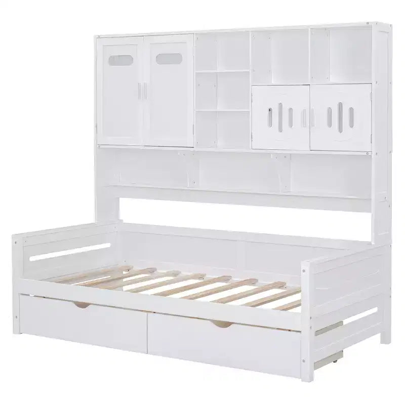 Divano Letto Singolo/Matrimoniale con Libreria e Contenitore, Divano Letto in Legno con 2 Cassetti, Divano Letto in Legno con Mobiletti e Ripiani Contenitori