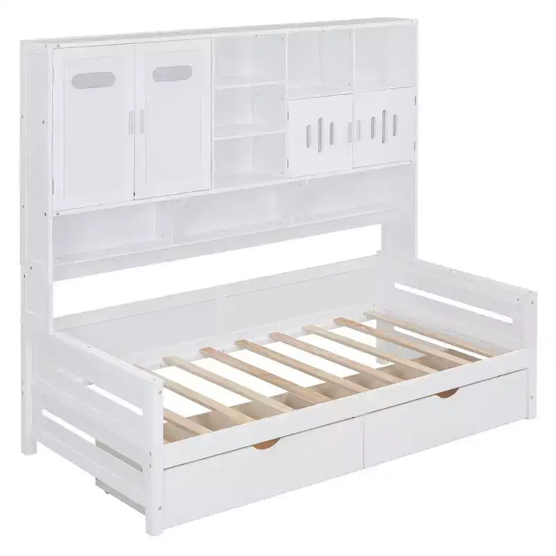 Divano Letto Singolo/Matrimoniale con Libreria e Contenitore, Divano Letto in Legno con 2 Cassetti, Divano Letto in Legno con Mobiletti e Ripiani Contenitori