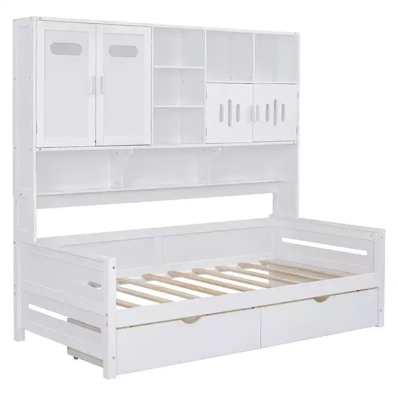 Divano Letto Singolo/Matrimoniale con Libreria e Contenitore, Divano Letto in Legno con 2 Cassetti, Divano Letto in Legno con Mobiletti e Ripiani Contenitori