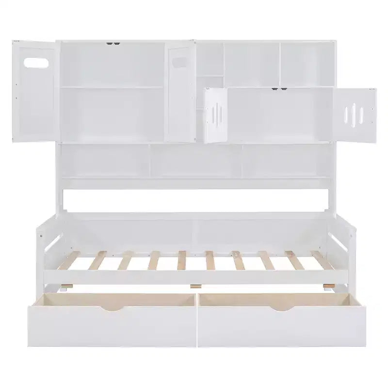 Divano Letto Singolo/Matrimoniale con Libreria e Contenitore, Divano Letto in Legno con 2 Cassetti, Divano Letto in Legno con Mobiletti e Ripiani Contenitori