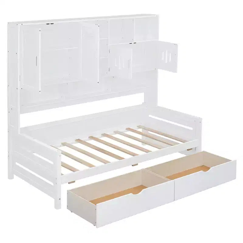 Divano Letto Singolo/Matrimoniale con Libreria e Contenitore, Divano Letto in Legno con 2 Cassetti, Divano Letto in Legno con Mobiletti e Ripiani Contenitori
