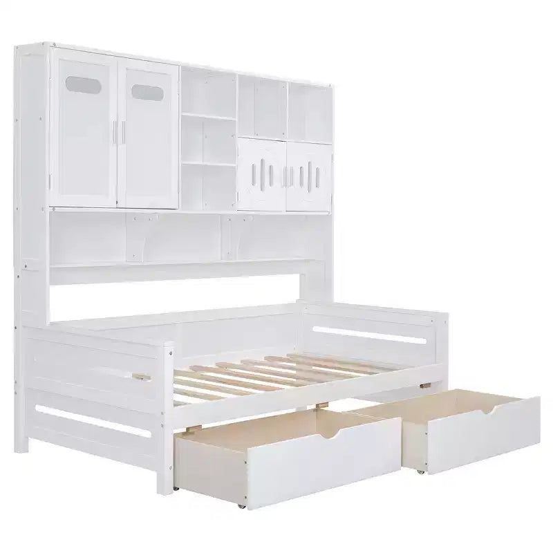 Divano Letto Singolo/Matrimoniale con Libreria e Contenitore, Divano Letto in Legno con 2 Cassetti, Divano Letto in Legno con Mobiletti e Ripiani Contenitori