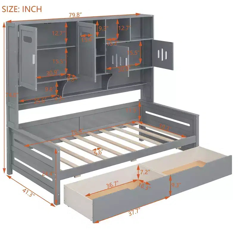 Divano Letto Singolo/Matrimoniale con Libreria e Contenitore, Divano Letto in Legno con 2 Cassetti, Divano Letto in Legno con Mobiletti e Ripiani Contenitori