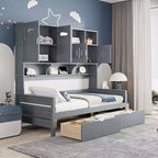 Divano Letto Singolo/Matrimoniale con Libreria e Contenitore, Divano Letto in Legno con 2 Cassetti, Divano Letto in Legno con Mobiletti e Ripiani Contenitori