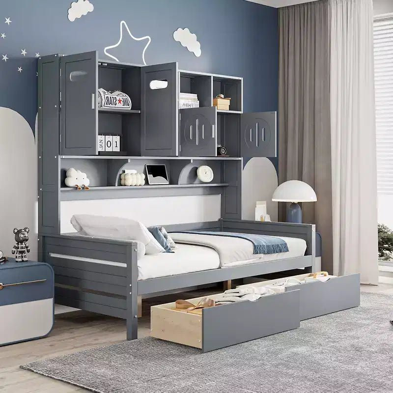 Divano Letto Singolo/Matrimoniale con Libreria e Contenitore, Divano Letto in Legno con 2 Cassetti, Divano Letto in Legno con Mobiletti e Ripiani Contenitori