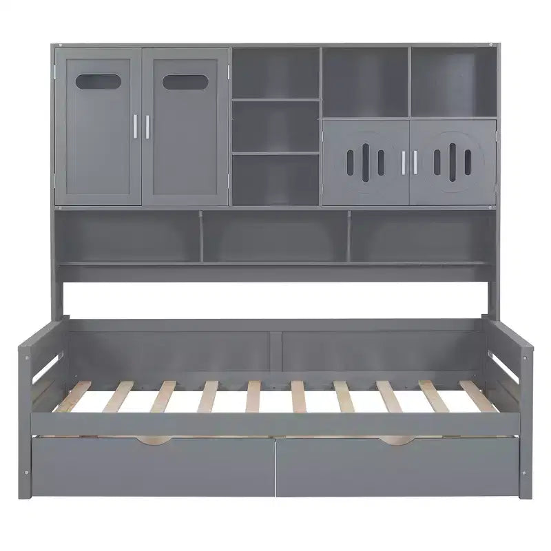 Divano Letto Singolo/Matrimoniale con Libreria e Contenitore, Divano Letto in Legno con 2 Cassetti, Divano Letto in Legno con Mobiletti e Ripiani Contenitori