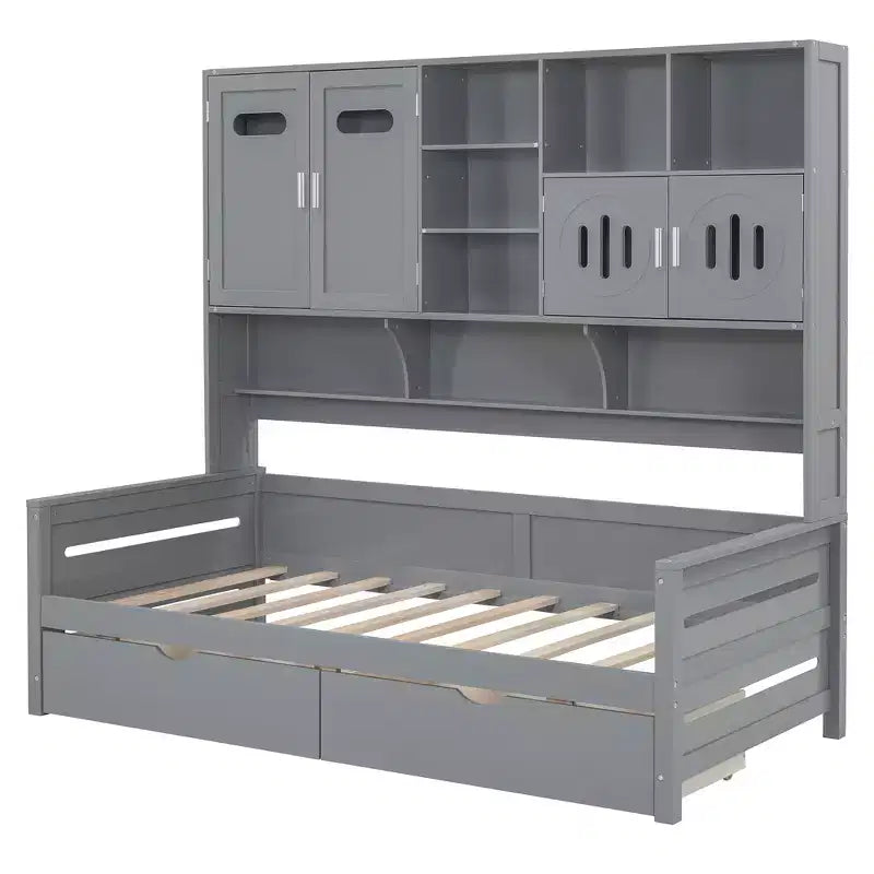 Divano Letto Singolo/Matrimoniale con Libreria e Contenitore, Divano Letto in Legno con 2 Cassetti, Divano Letto in Legno con Mobiletti e Ripiani Contenitori