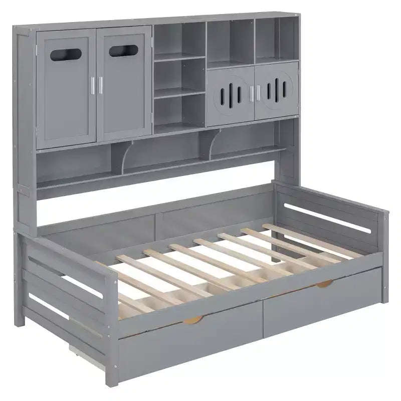 Divano Letto Singolo/Matrimoniale con Libreria e Contenitore, Divano Letto in Legno con 2 Cassetti, Divano Letto in Legno con Mobiletti e Ripiani Contenitori