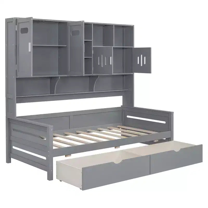 Divano Letto Singolo/Matrimoniale con Libreria e Contenitore, Divano Letto in Legno con 2 Cassetti, Divano Letto in Legno con Mobiletti e Ripiani Contenitori