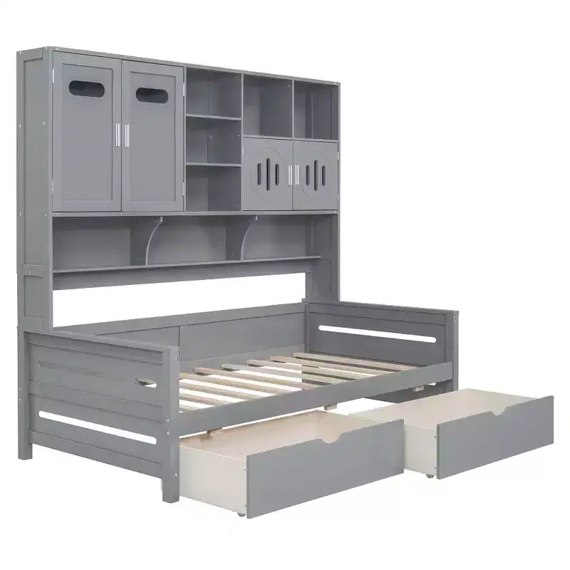Divano Letto Singolo/Matrimoniale con Libreria e Contenitore, Divano Letto in Legno con 2 Cassetti, Divano Letto in Legno con Mobiletti e Ripiani Contenitori