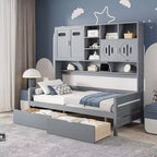 Twin/Full Daybed with and Storage Bookcase, Wood Daybed with 2 Drawers, Wooden Day Bed with Storage Cabinets Shelves