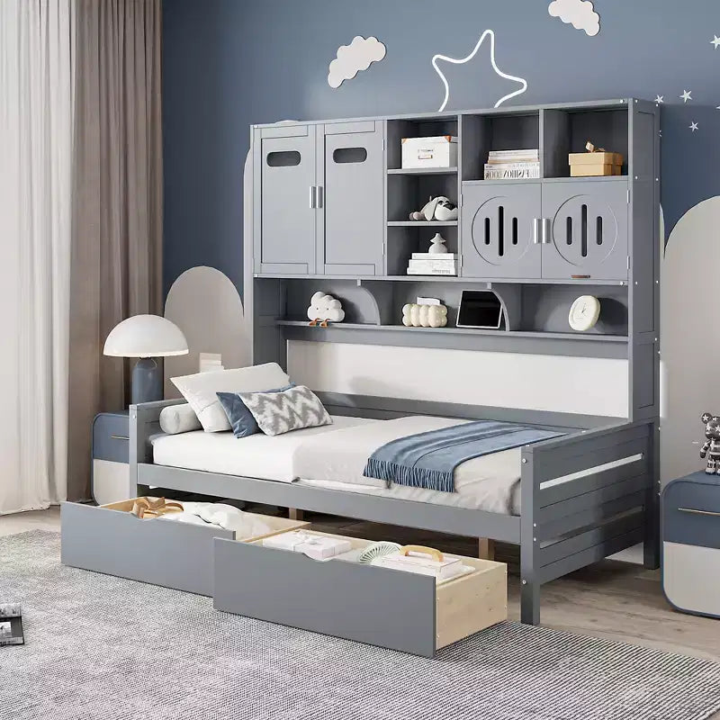 Twin/Full Daybed with and Storage Bookcase, Wood Daybed with 2 Drawers, Wooden Day Bed with Storage Cabinets Shelves