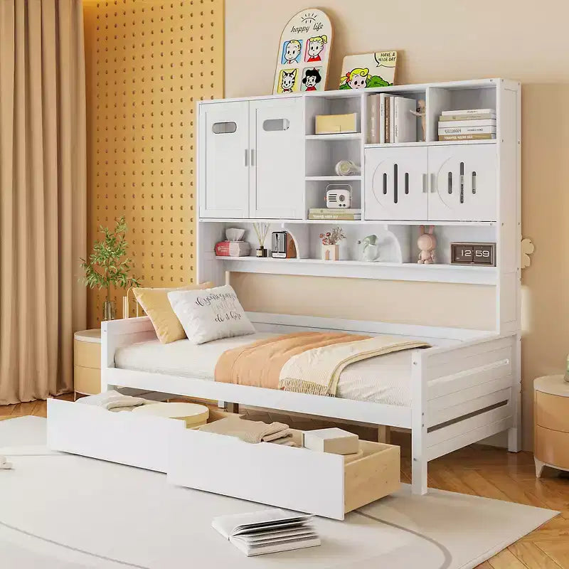 Divano Letto Singolo/Matrimoniale con Libreria e Contenitore, Divano Letto in Legno con 2 Cassetti, Divano Letto in Legno con Mobiletti e Ripiani Contenitori