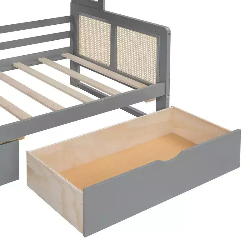 Divano letto singolo/matrimoniale con libreria e cassetti, divano letto in legno con armadietti e mensole