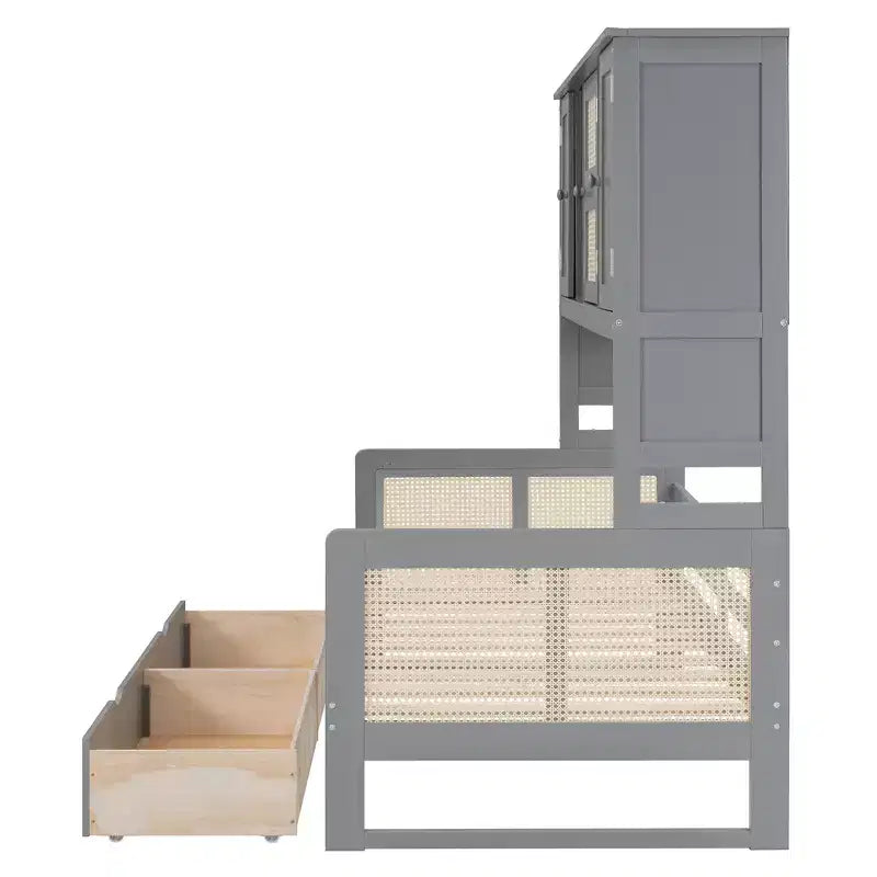 Divano letto singolo/matrimoniale con libreria e cassetti, divano letto in legno con armadietti e mensole