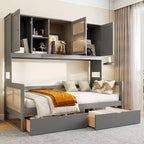 Divano letto singolo/matrimoniale con libreria e cassetti, divano letto in legno con armadietti e mensole