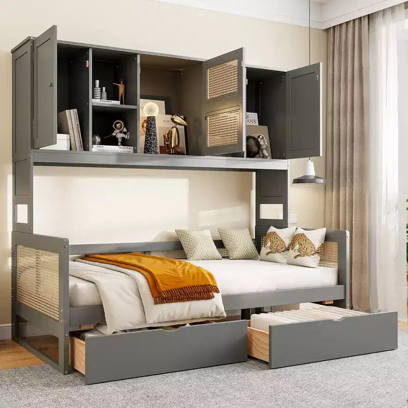 Divano letto singolo/matrimoniale con libreria e cassetti, divano letto in legno con armadietti e mensole