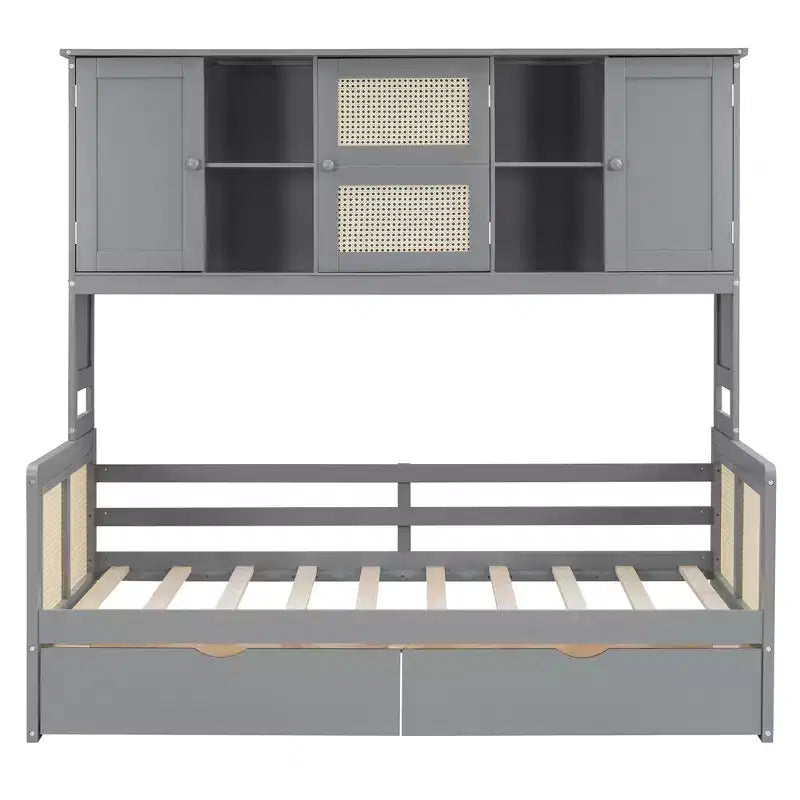 Divano letto singolo/matrimoniale con libreria e cassetti, divano letto in legno con armadietti e mensole