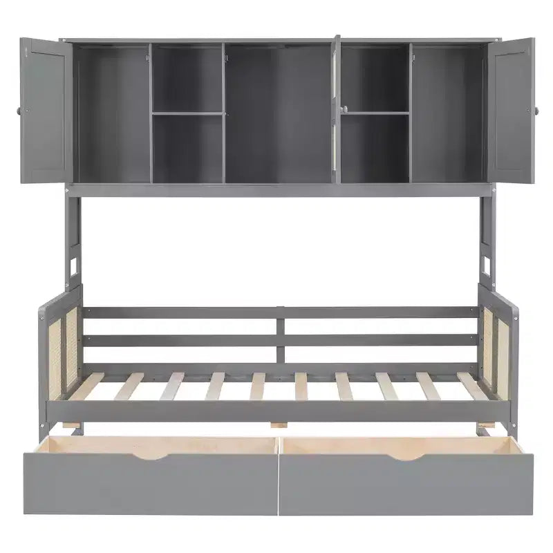 Divano letto singolo/matrimoniale con libreria e cassetti, divano letto in legno con armadietti e mensole