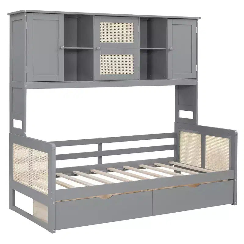 Divano letto singolo/matrimoniale con libreria e cassetti, divano letto in legno con armadietti e mensole