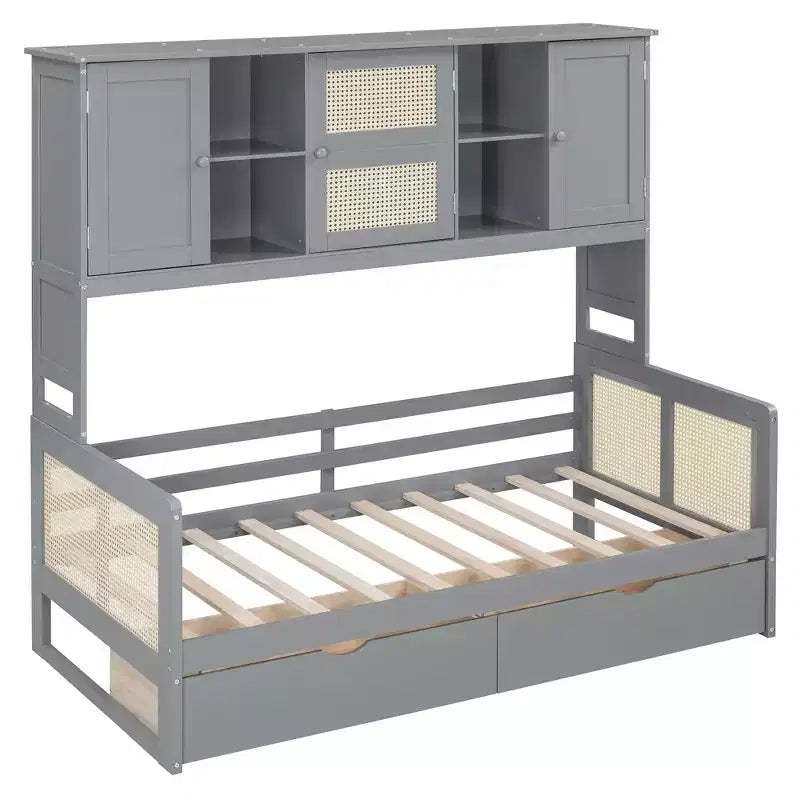 Divano letto singolo/matrimoniale con libreria e cassetti, divano letto in legno con armadietti e mensole