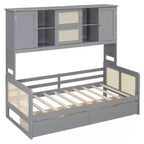 Divano letto singolo/matrimoniale con libreria e cassetti, divano letto in legno con armadietti e mensole