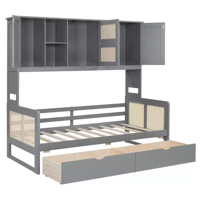 Divano letto singolo/matrimoniale con libreria e cassetti, divano letto in legno con armadietti e mensole