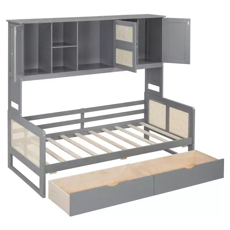 Divano letto singolo/matrimoniale con libreria e cassetti, divano letto in legno con armadietti e mensole