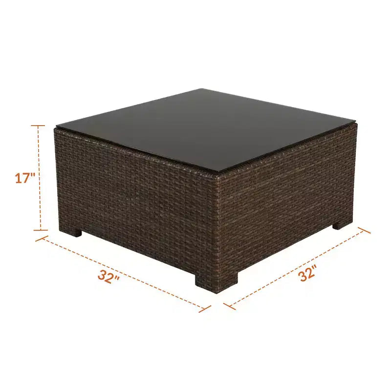 Tavolino da caffè Cabo con vimini piatto color giacobino da 8 mm e vetro temperato, 81 cm L x 81 cm P x 43 cm A