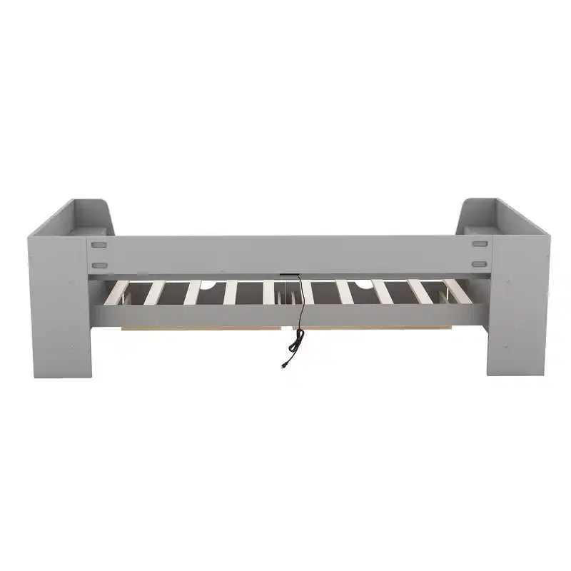 Divano letto singolo con mensole portaoggetti e 2 cassetti, Struttura divano letto singolo in legno massello con stazione di ricarica integrata