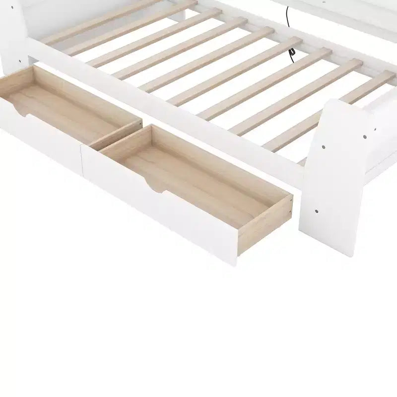 Divano letto singolo con mensole portaoggetti e 2 cassetti, Struttura divano letto singolo in legno massello con stazione di ricarica integrata