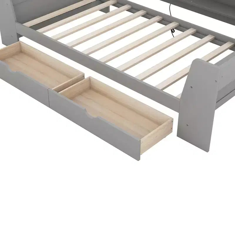 Divano letto singolo con mensole portaoggetti e 2 cassetti, Struttura divano letto singolo in legno massello con stazione di ricarica integrata