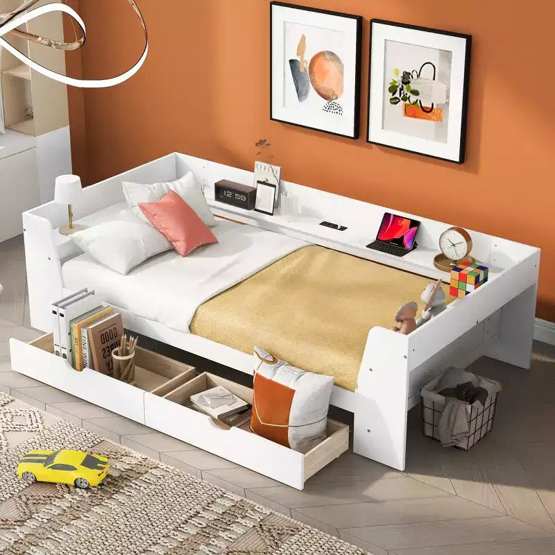Divano letto singolo con mensole portaoggetti e 2 cassetti, Struttura divano letto singolo in legno massello con stazione di ricarica integrata