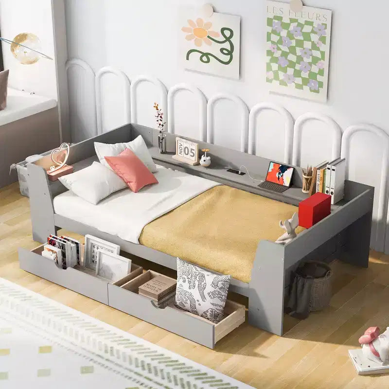 Divano letto singolo con mensole portaoggetti e 2 cassetti, Struttura divano letto singolo in legno massello con stazione di ricarica integrata