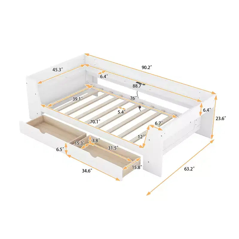 Divano letto singolo con mensole portaoggetti e 2 cassetti, Struttura divano letto singolo in legno massello con stazione di ricarica integrata