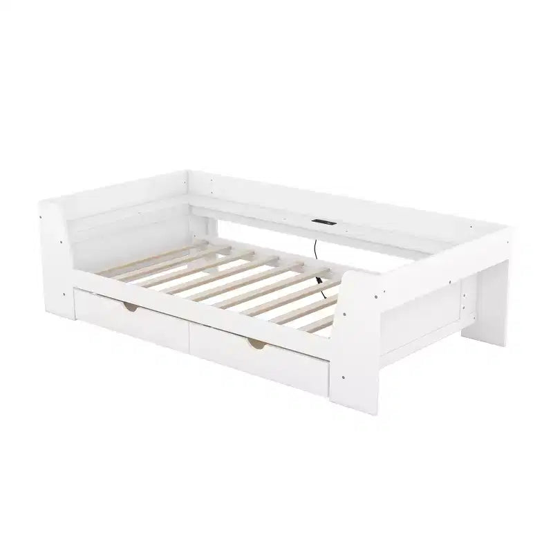 Divano letto singolo con mensole portaoggetti e 2 cassetti, Struttura divano letto singolo in legno massello con stazione di ricarica integrata