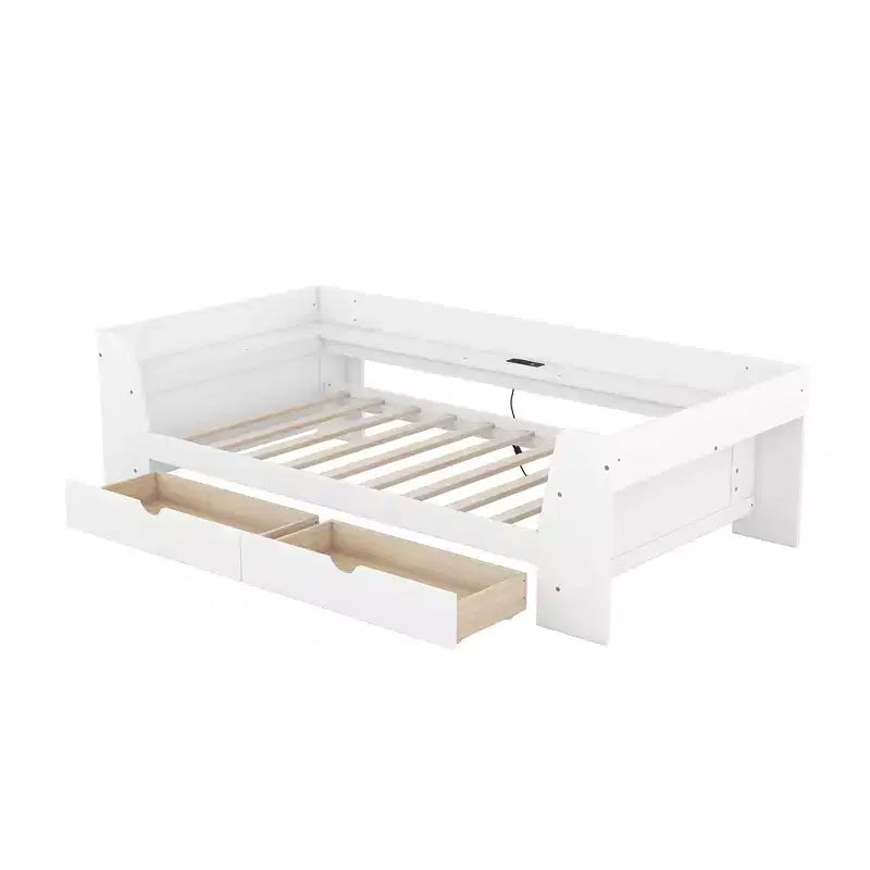 Divano letto singolo con mensole portaoggetti e 2 cassetti, Struttura divano letto singolo in legno massello con stazione di ricarica integrata