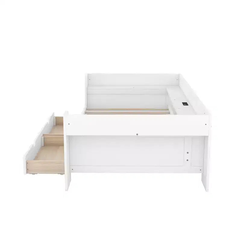 Divano letto singolo con mensole portaoggetti e 2 cassetti, Struttura divano letto singolo in legno massello con stazione di ricarica integrata