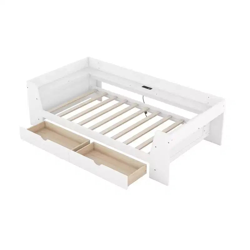 Divano letto singolo con mensole portaoggetti e 2 cassetti, Struttura divano letto singolo in legno massello con stazione di ricarica integrata