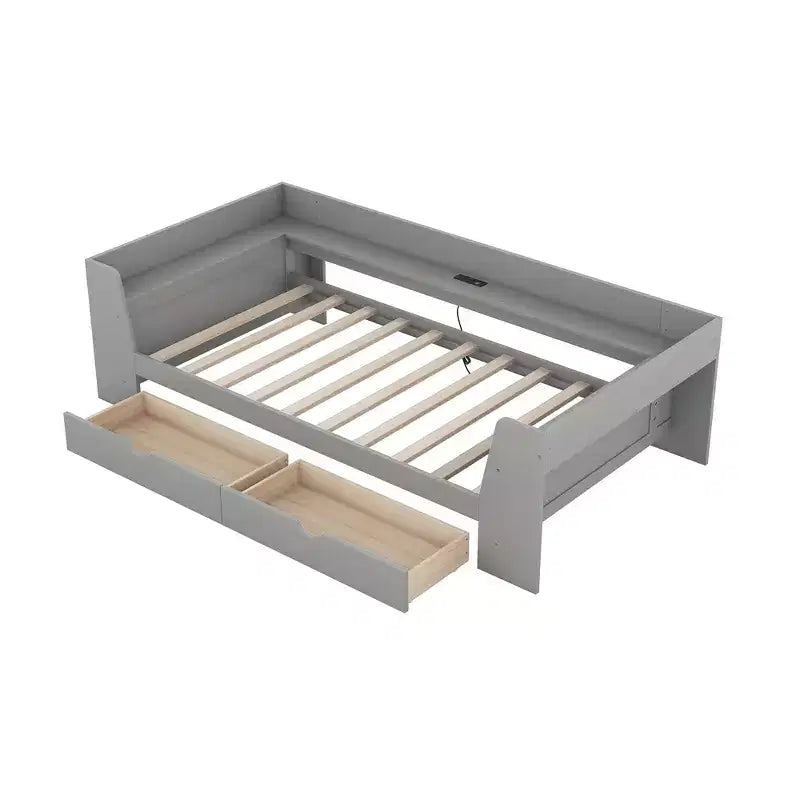 Divano letto singolo con mensole portaoggetti e 2 cassetti, Struttura divano letto singolo in legno massello con stazione di ricarica integrata